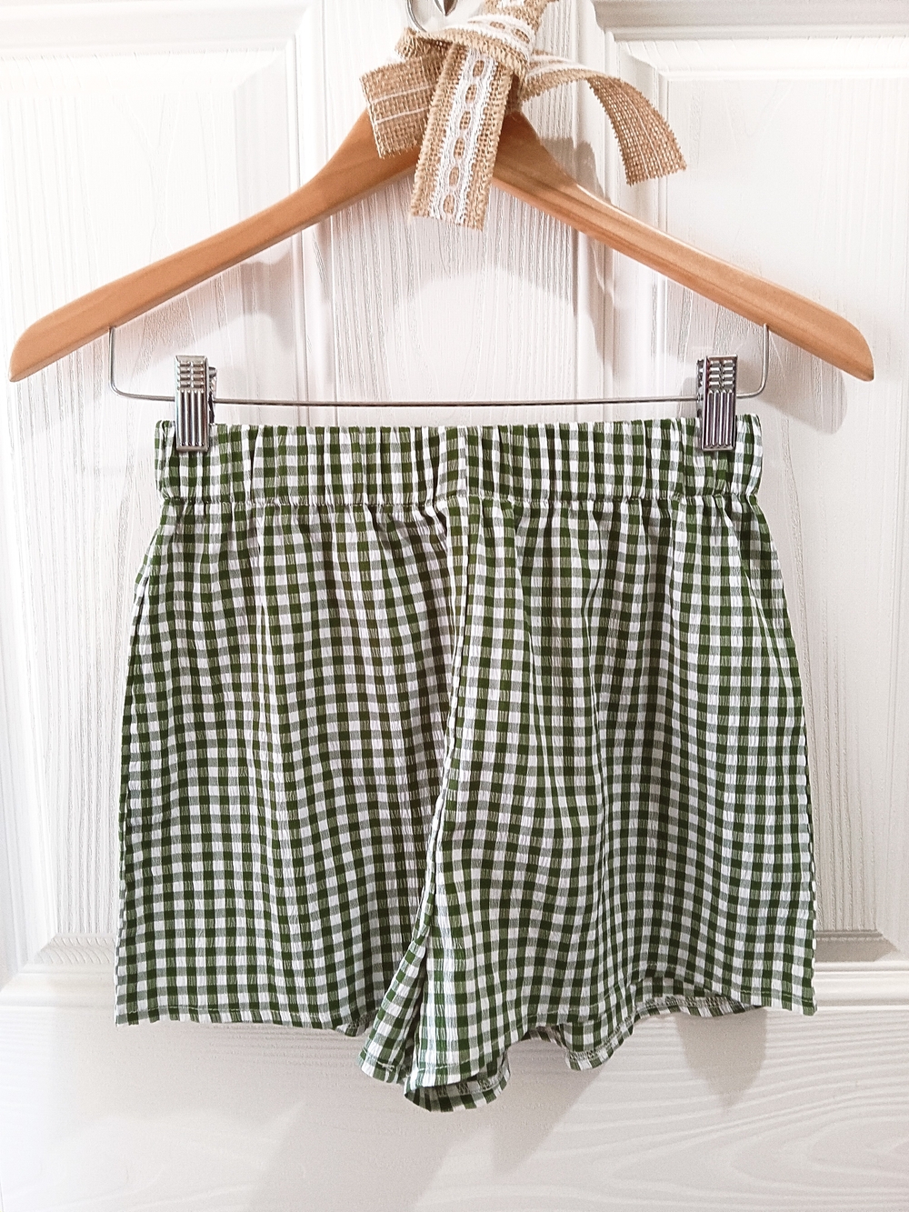 GREEN & WHITE GINGHAM PLAID PRINT HIGH RISE ELASTIC STRETCH WAIST SHORTS SMALL